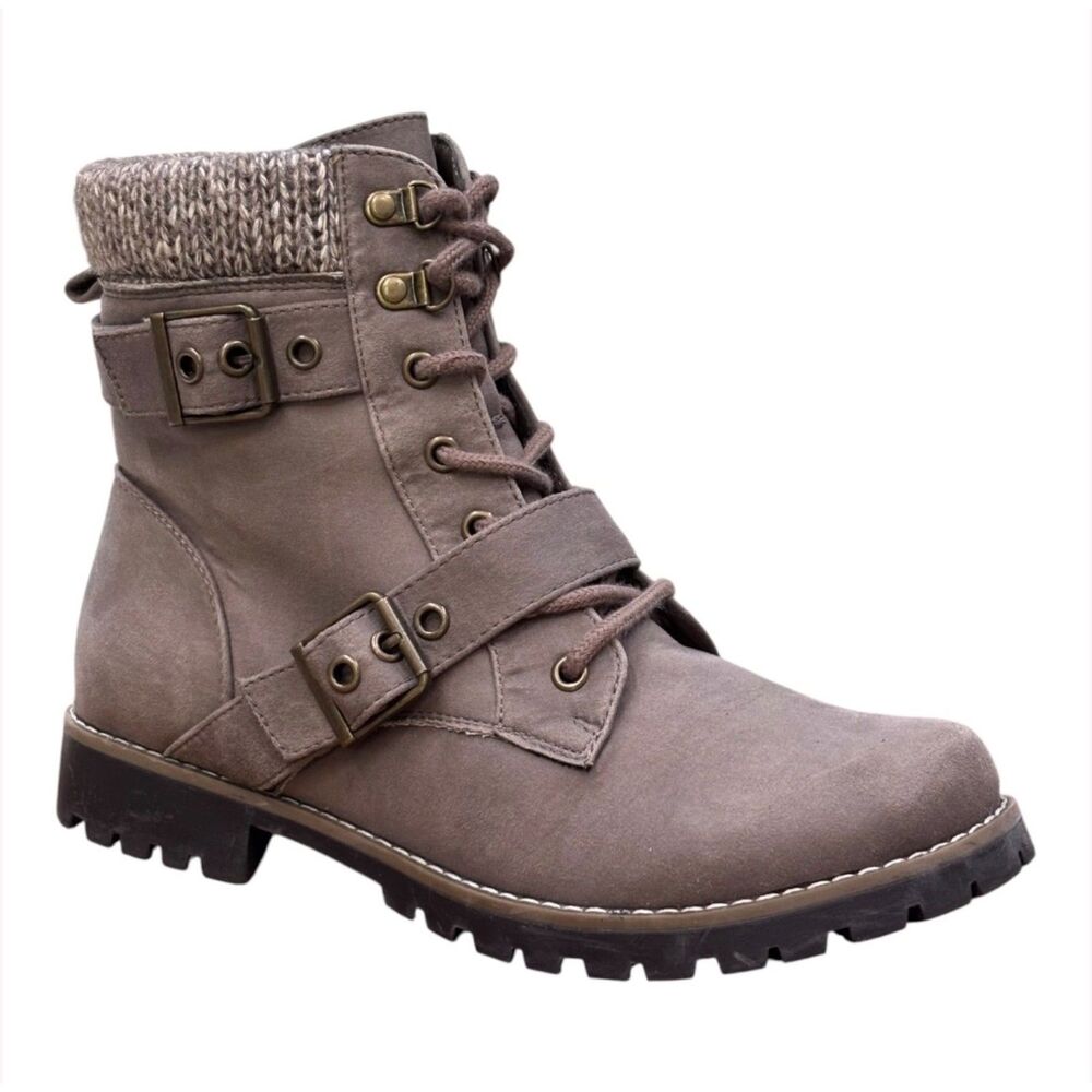 Cliffs by White Mountain Women’s Combat Boots Taupe Knit Cuff Lace Up Booties